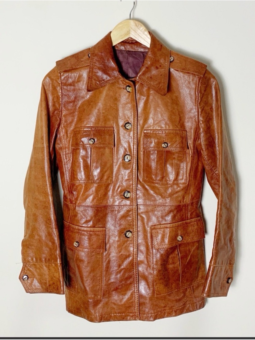 Vintage 70s Cognac Leather Button-Front Jacket - Picture 2 of 9